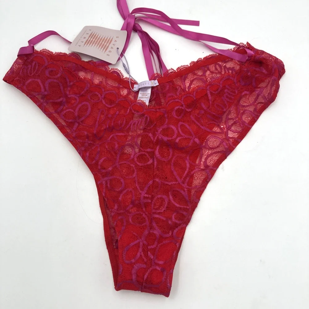 Savage X Fenty Panties Cheeky Panty Red Lace Pink Bows Lace Up Strappy 1X Plus